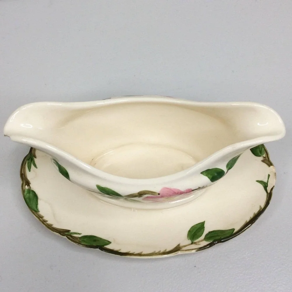 VTG Franciscan Desert Rose Double Spout Gravy Boat Attached Plate USA Pottery 40